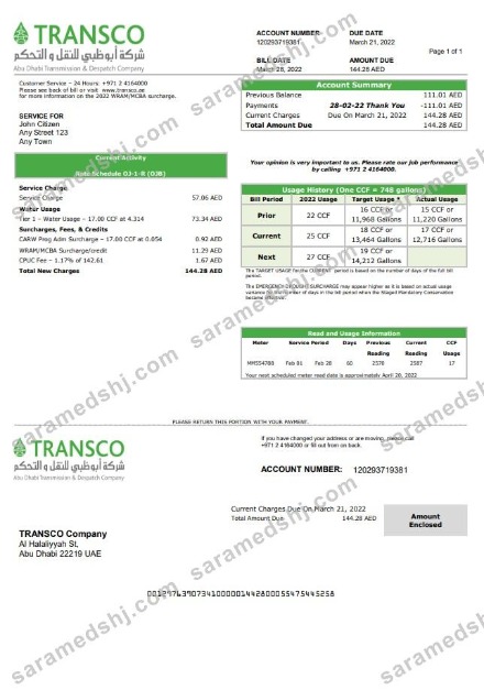 UAE Abu Dhabi Transmission & Despatch Company (TRANSCO) utility bill template in Word and PDF format